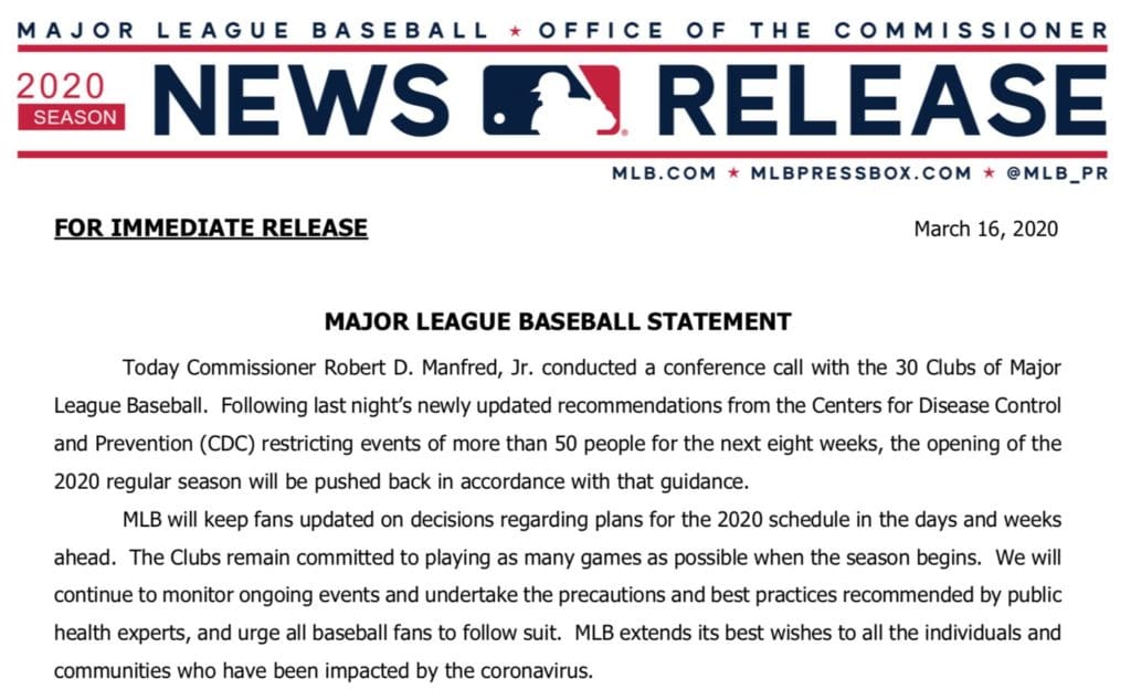 Temporada regular de MLB se suspende por dos meses.