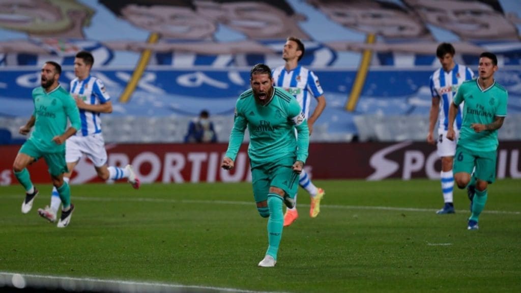 Gol de Sergio Ramos contra la Real Sociedad en La Liga.