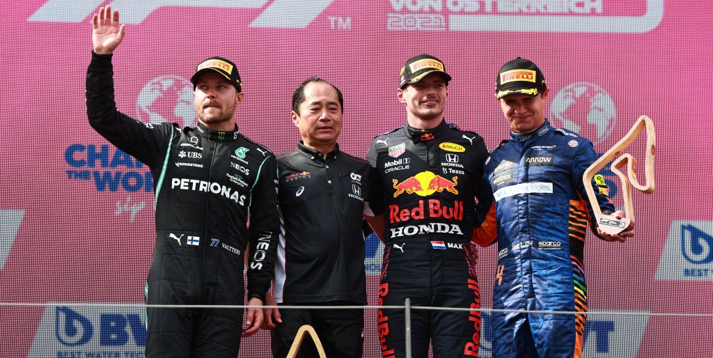 Valtteri Bottas, Max Verstappen y Lando Norris en el Podio del GP de Austria. Foto: Getty images.