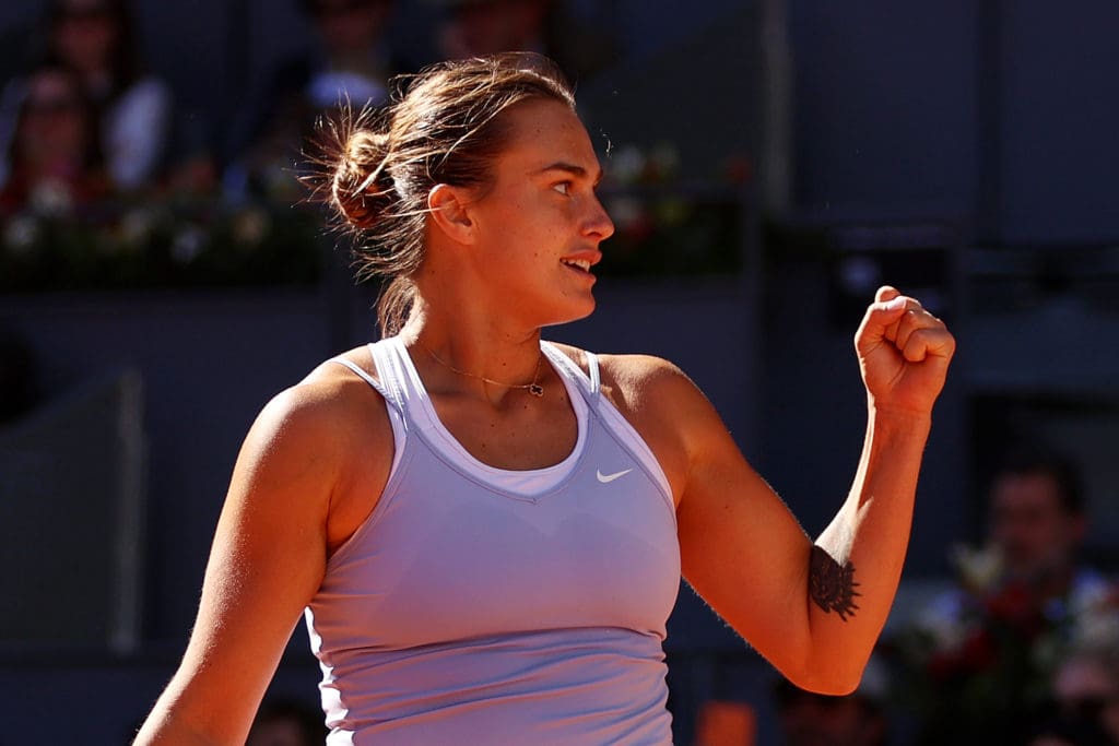 Sabalenka celebrando el pase a la final del Mutua Madrid Open.