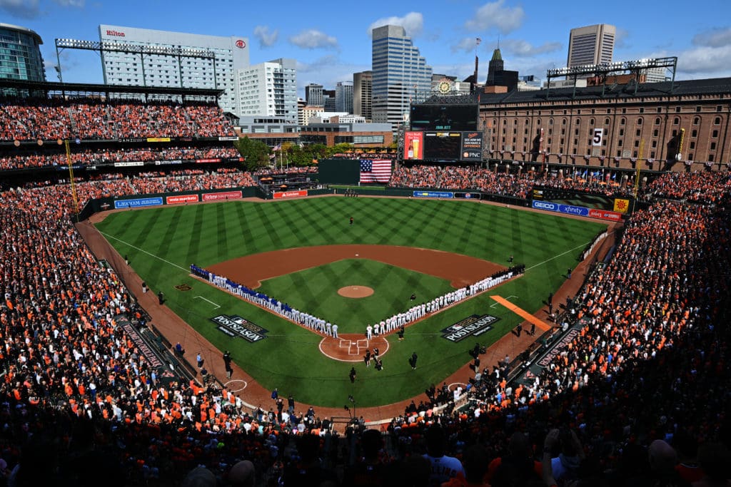 La panorámica de Camden Yards antes del juego entre los Baltimore Orioles y Texas Rangers.